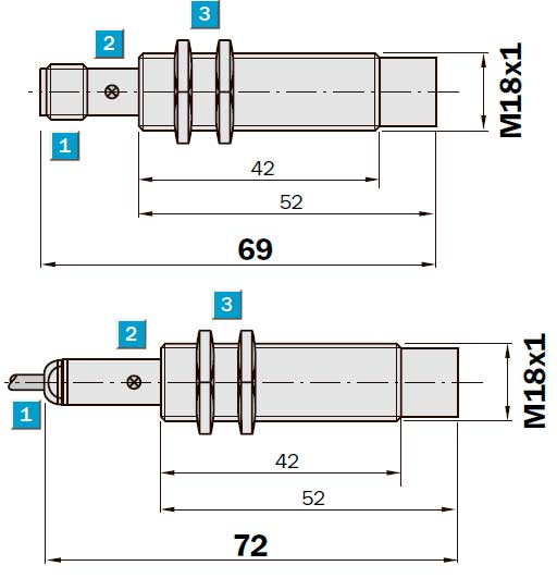 Конструктивная схема индуктивного датчика IME18 (8мм, стандарт, выступающий)