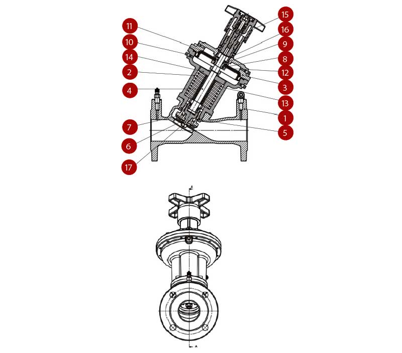 Конструктивная схема регулятора перепада давлений ZETKAMA 224A