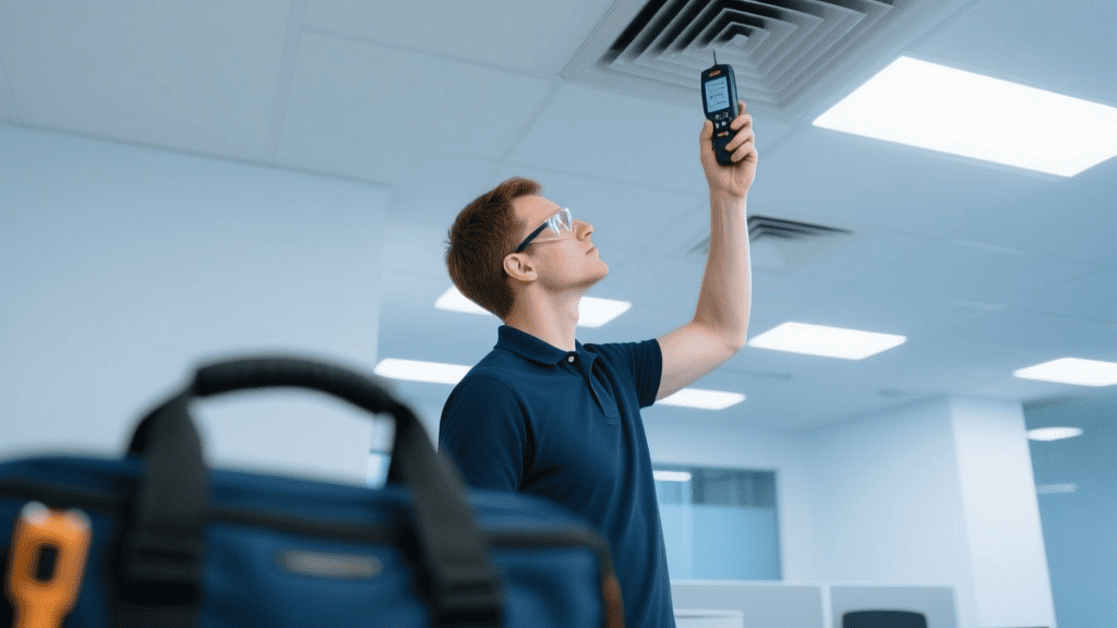 Специалист измеряет скорость потока воздуха в вентиляции цифровым анемометром Специалист измеряет скорость потока воздуха в вентиляции цифровым анемометром