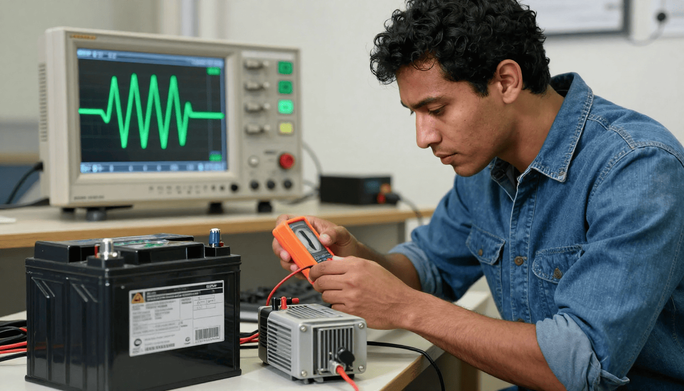 Мощный автомобильный аккумулятор и небольшой трансформатор переменного тока, мужчина настраивает поворотный переключатель мультиметра на режим переменного тока