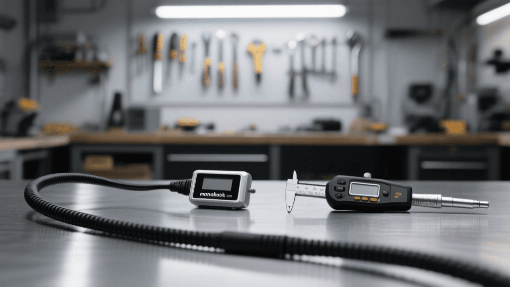 Два вида толщиномеров — компактный моноблочный и с выносным датчиком — на стальной поверхности в мастерской