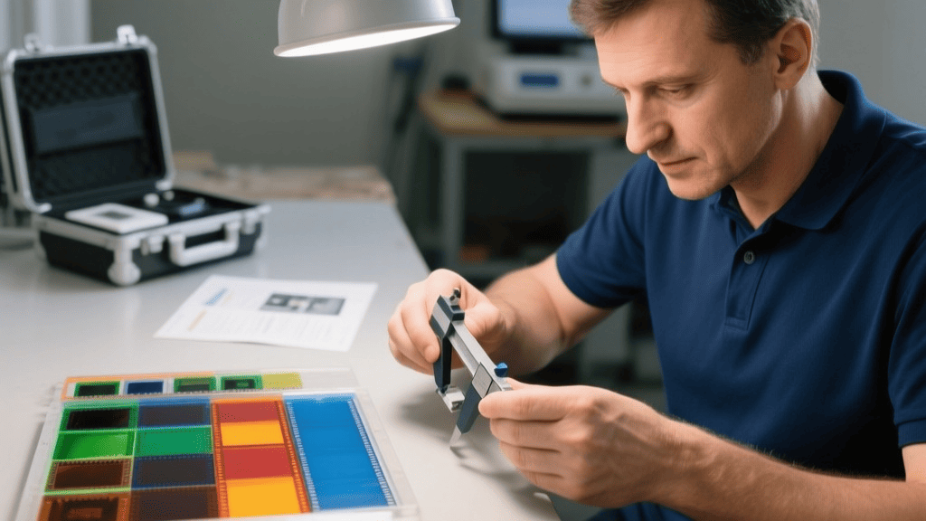 Набор калибровочных пластин и эталонных пленок для толщиномера в руках специалиста