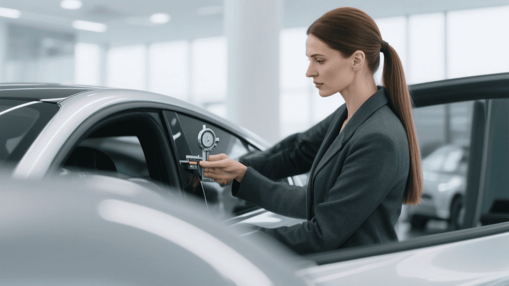 Женщина-специалист проверяет толщину лакокрасочного покрытия двери серебристого автомобиля с помощью толщиномера