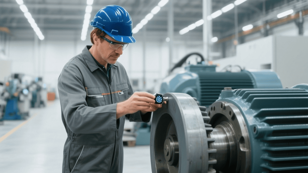 Инженер устанавливает магнитный датчик вибрации на корпус электродвигателя